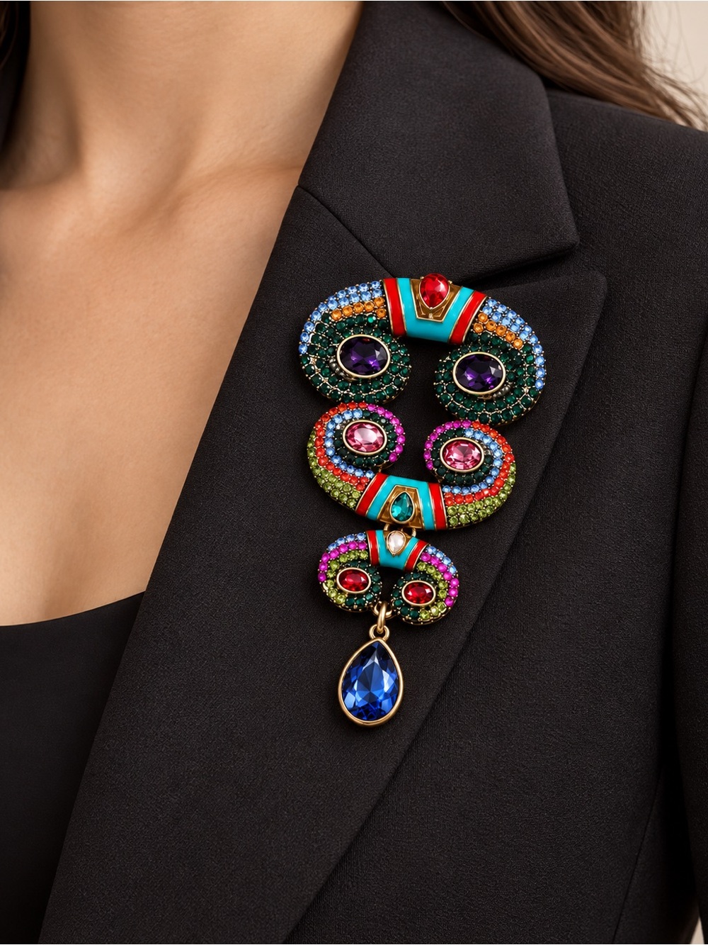 Multicolor Crystal Pendant Brooch